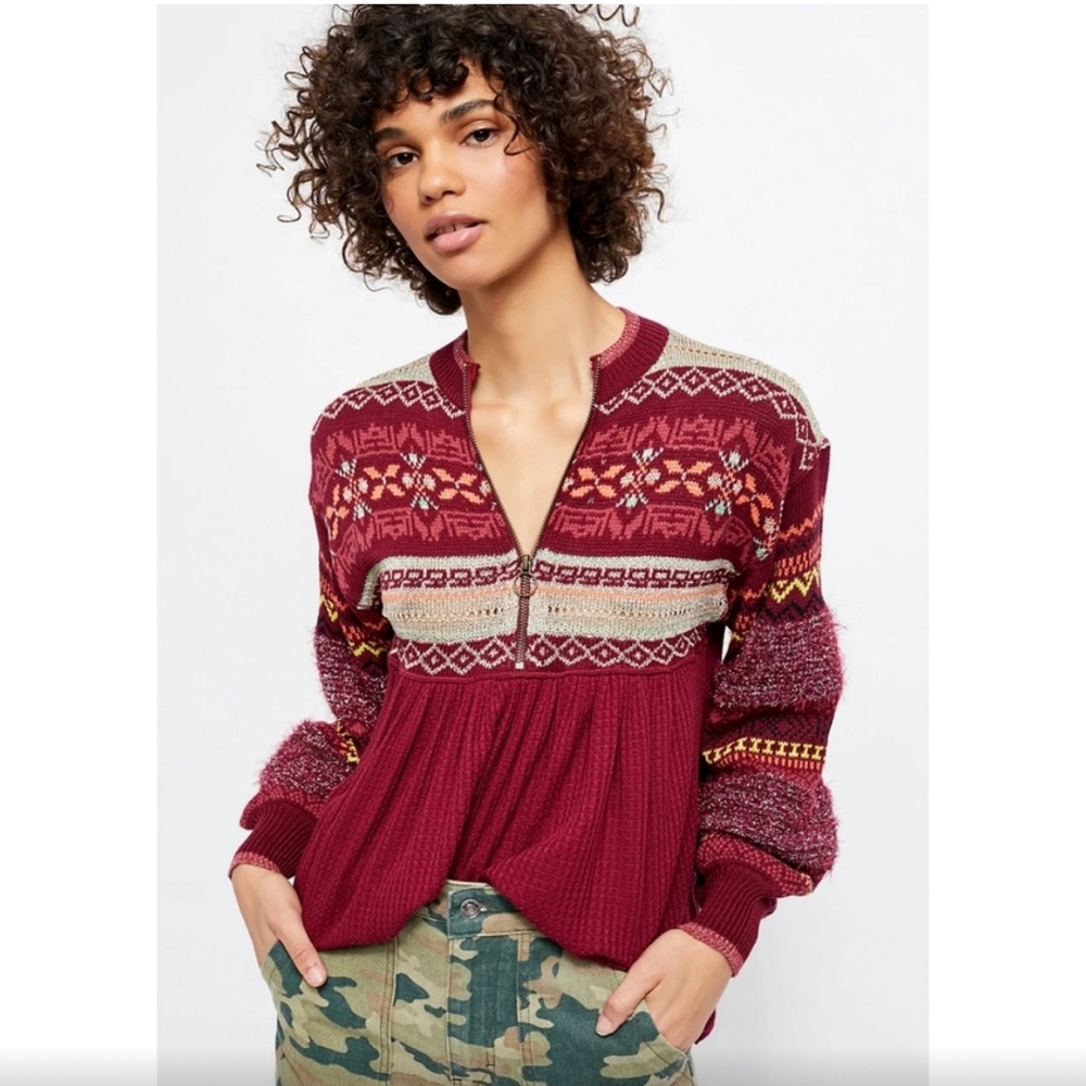Free People Maroon Multi-Pattern Scoop Neck Sweater